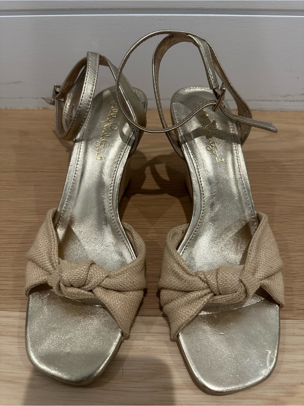 Lilly Pulitzer Metallic Gold Ankle-Strap Wedge Heels with Beige Knot Accent